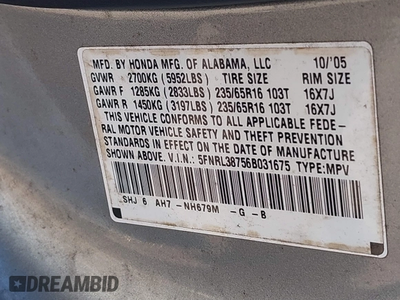 2006 Honda Odyssey EX-L with VIN 5FNRL38756B031675, listed as a IAAI auction lot 41249028 with 152,240 mi miles. Bid and sale history available at carsss.com. Image 9.