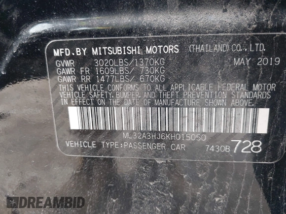 2019 Mitsubishi Mirage ES z VIN ML32A3HJ6KH015050, wystawiony jako IAAI lot #42356249 z przebiegiem 54 075 mil mil oraz . Historia ofert i sprzedaży dostępna na DreamBid. Obrazek 9.