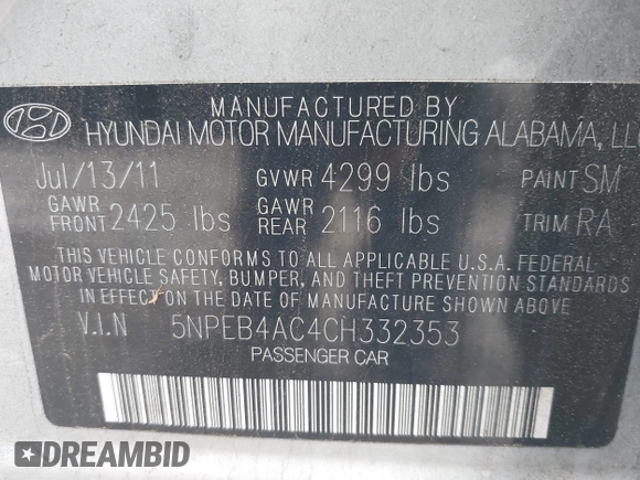 2012 Hyundai Sonata GLS with VIN 5NPEB4AC4CH332353, listed as a IAAI auction lot 41865328 with 207,503 mi miles and . Bid and sale history available at DreamBid. Image 9.