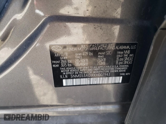 2019 Hyundai Santa Fe Limited with VIN 5NMS53ADXKH007943, listed as a Copart auction lot 43083635 with 81,916 mi miles and Salvage Title. Bid and sale history available at carsss.com. Image 13.