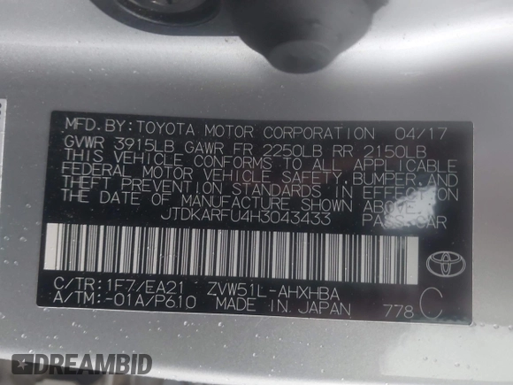 2017 Toyota Prius Two with VIN JTDKARFU4H3043433, listed as a IAAI auction lot 42310201 with 50,715 mi miles and . Bid and sale history available at DreamBid. Image 9.