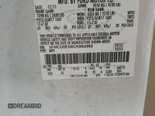 2012 Ford Escape Limited with VIN 1FMCU0EG0CKB62982, listed as a Copart auction lot 44319185 with Not Provided miles and Salvage Title. Bid and sale history available at carsss.com. Image 14.