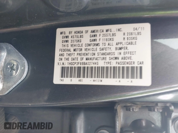 2011 Honda Accord EX-L with VIN 1HGCP3F89BA027445, listed as a IAAI auction lot 42382815 with 136,848 mi miles and . Bid and sale history available at DreamBid. Image 9.