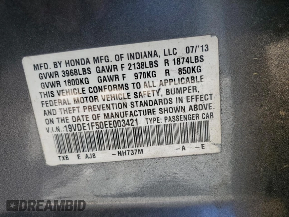 2014 Acura ILX Premium z VIN 19VDE1F50EE003421, wystawiony jako Copart lot #57580215 z przebiegiem 199 247 mil mil oraz Szkoda całkowita • Salvage title. Historia ofert i sprzedaży dostępna na DreamBid. Obrazek 12.