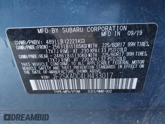 2020 Subaru Forester with VIN JF2SKADC4LH433017, listed as a IAAI auction lot 42013030 with 52,783 mi miles and . Bid and sale history available at DreamBid. Image 9.