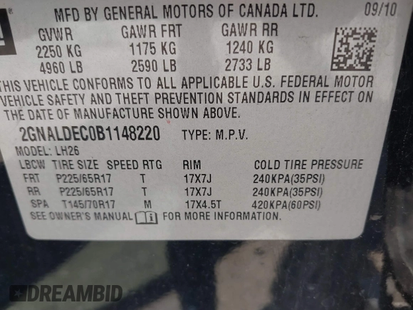 2011 Chevrolet Equinox LT w/1LT with VIN 2GNALDEC0B1148220, listed as a IAAI auction lot 39671008 with 182,611 mi miles. Bid and sale history available at carsss.com. Image 9.