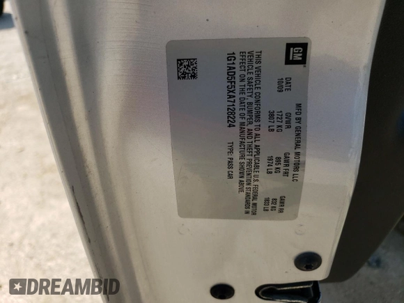 2010 Chevrolet Cobalt 1LT with VIN 1G1AD5F5XA7128224, listed as a Copart auction lot 75728484 with Not Provided miles and Non Repairable. Bid and sale history available at DreamBid. Image 13.