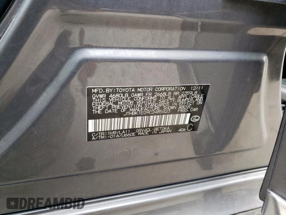 2012 Lexus ES 330 with VIN JTHBK1EG9C2485423, listed as a Copart auction lot 46351805 with 110,043 mi miles and Salvage Title. Bid and sale history available at DreamBid. Image 12.