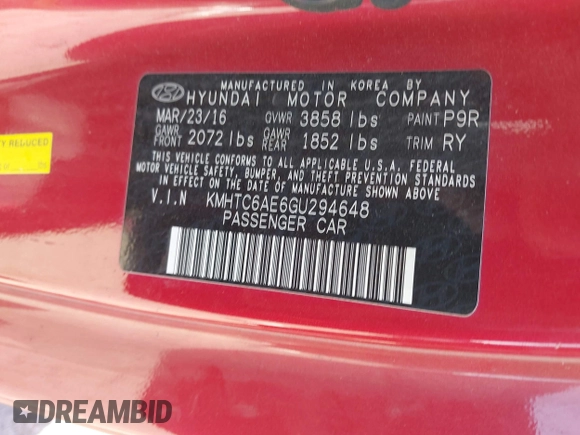2016 Hyundai Veloster Turbo with VIN KMHTC6AE6GU294648, listed as a IAAI auction lot 42311378 with 94,552 mi miles and . Bid and sale history available at DreamBid. Image 9.