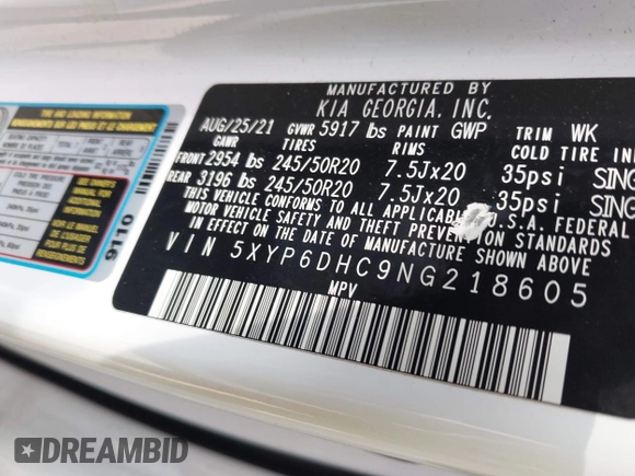 2022 Kia Telluride S с VIN 5XYP6DHC9NG218605, выставлен на аукционе IAAI как лот 42394866 с пробегом 55 087 миль миль и . История ставок и продаж доступна на DreamBid. Изображение 9.