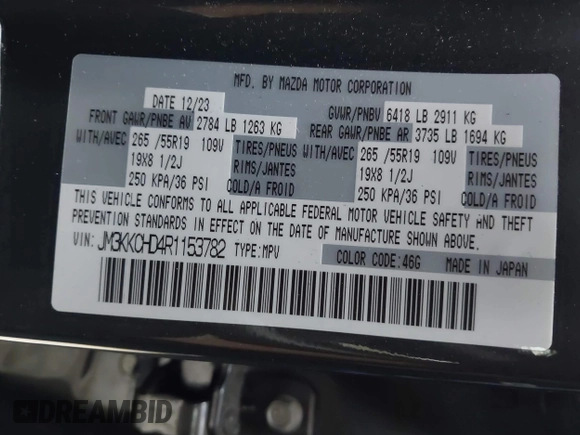2024 Mazda CX-90 Preferred Plus with VIN JM3KKCHD4R1153782, listed as a IAAI auction lot 41951371 with 39,314 mi miles and . Bid and sale history available at DreamBid. Image 9.