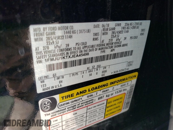 2018 Ford Expedition Limited with VIN 1FMJU1KTXJEA45498, listed as a Copart auction lot 56421775 with 125,008 mi miles and Salvage title. Bid and sale history available at DreamBid. Image 13.