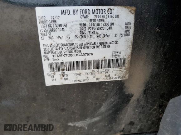 2013 Ford Explorer XLT with VIN 1FM5K7D80DGA07676, listed as a Copart auction lot 54418285 with 169,859 mi miles and Salvage Title. Bid and sale history available at DreamBid. Image 13.