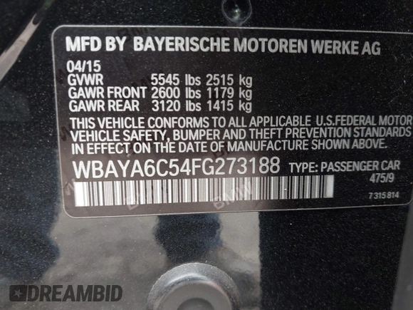 2015 BMW 7 Series 740i with VIN WBAYA6C54FG273188, listed as a IAAI auction lot 42563572 with 70,675 mi miles and . Bid and sale history available at DreamBid. Image 9.