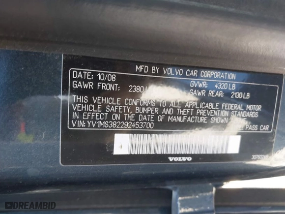 2009 Volvo S40 2.4L with VIN YV1MS382292453700, listed as a IAAI auction lot 41760568 with 151,199 mi miles. Bid and sale history available at carsss.com. Image 9.