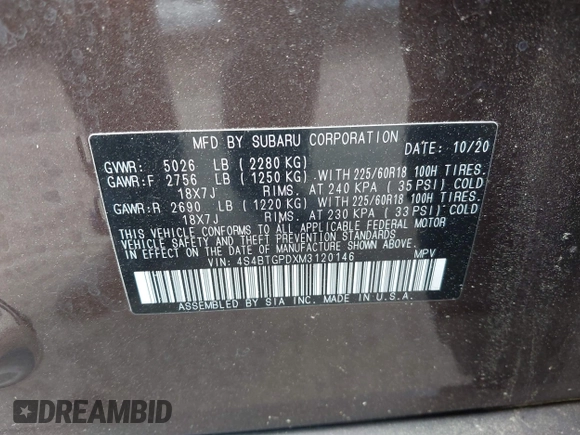 2021 Subaru Outback Touring XT with VIN 4S4BTGPDXM3120146, listed as a IAAI auction lot 41985996 with 49,087 mi miles and . Bid and sale history available at DreamBid. Image 9.