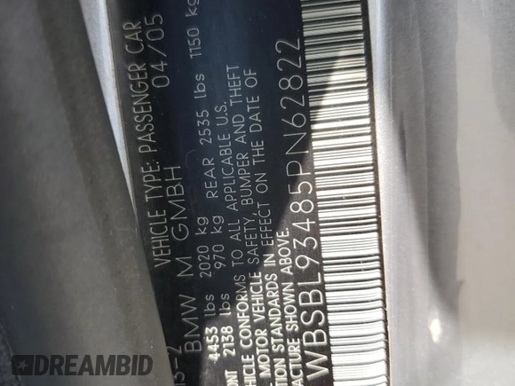 2005 BMW 3 Series M3 with VIN WBSBL93485PN62822, listed as a Copart auction lot 59136745 with 99,184 mi miles and Salvage title. Bid and sale history available at DreamBid. Image 12.