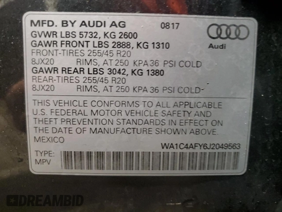 2018 Audi SQ5 Prestige with VIN WA1C4AFY6J2049563, listed as a Copart auction lot 84403604 with 88,589 mi miles and Salvage Title. Bid and sale history available at DreamBid. Image 12.