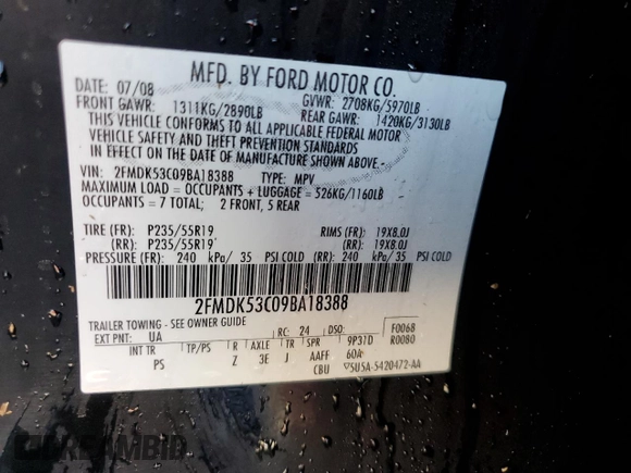 2009 Ford Flex Limited with VIN 2FMDK53C09BA18388, listed as a Copart auction lot 82188514 with 225,939 mi miles and Salvage Title. Bid and sale history available at carsss.com. Image 13.