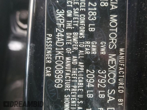 2019 Kia Forte LXS with VIN 3KPF24AD1KE008969, listed as a Copart auction lot 41400995 with 166,241 mi miles and Salvage Title. Bid and sale history available at carsss.com. Image 12.