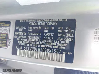 2013 Hyundai Santa Fe Sport with VIN 5XYZUDLB1DG051507, listed as a IAAI auction lot 42068612 with 253,473 mi miles. Bid and sale history available at carsss.com. Image 9.