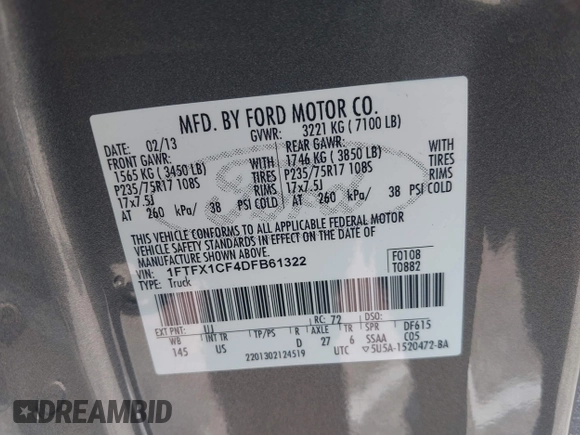 2013 Ford F-150 XL with VIN 1FTFX1CF4DFB61322, listed as a IAAI auction lot 42216887 with 107,136 mi miles and . Bid and sale history available at DreamBid. Image 9.