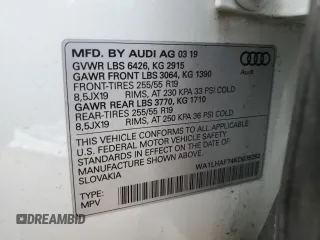 2019 Audi Q7 Premium Plus with VIN WA1LHAF74KD039292, listed as a Copart auction lot 58166745 with 114,958 mi miles and Salvage title. Bid and sale history available at DreamBid. Image 13.