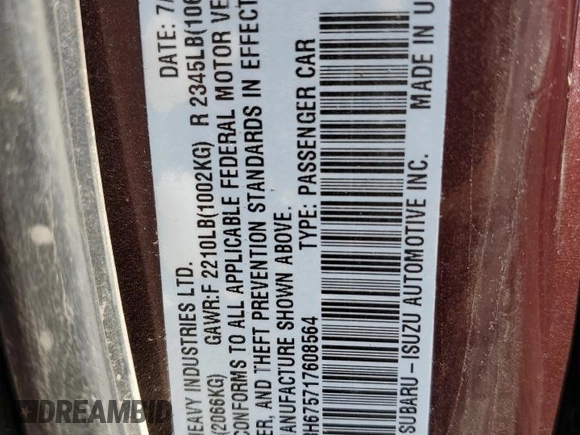 2001 Subaru Legacy Outback with VIN 4S3BH675717608564, listed as a Copart auction lot 65392465 with 232,264 mi miles and Salvage title. Bid and sale history available at DreamBid. Image 12.