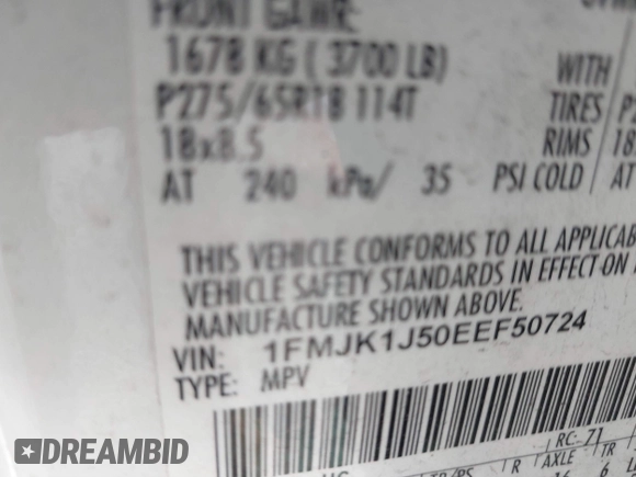 2014 Ford Expedition Max XLT with VIN 1FMJK1J50EEF50724, listed as a IAAI auction lot 41875152 with 175,592 mi miles and . Bid and sale history available at DreamBid. Image 9.