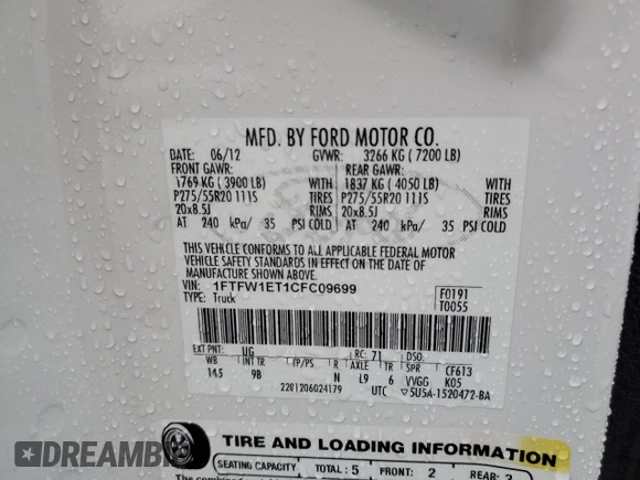 2012 Ford F-150 XL with VIN 1FTFW1ET1CFC09699, listed as a Copart auction lot 48253405 with 189,050 mi miles and Salvage Title. Bid and sale history available at carsss.com. Image 13.