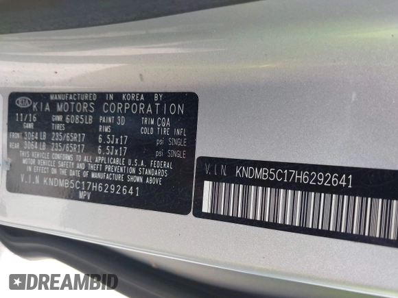 2017 Kia Sedona LX with VIN KNDMB5C17H6292641, listed as a IAAI auction lot 42010175 with 95,247 mi miles. Bid and sale history available at carsss.com. Image 9.