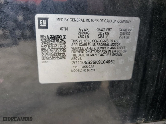 2019 Chevrolet Impala Premier with VIN 2G1105S36K9104051, listed as a Copart auction lot 51483545 with 98,127 mi miles and Non Repairable. Bid and sale history available at carsss.com. Image 12.