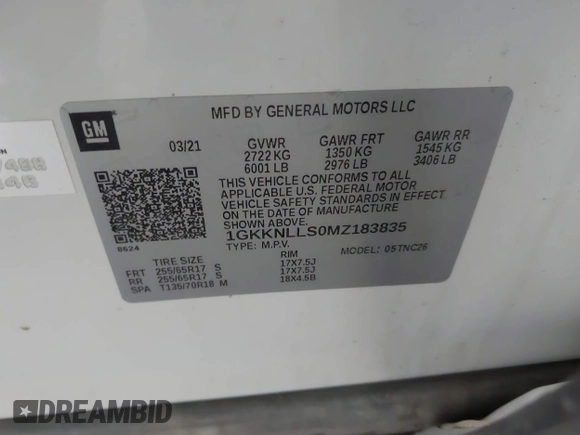 2021 GMC Acadia AT4 with VIN 1GKKNLLS0MZ183835, listed as a IAAI auction lot 42297624 with 60,860 mi miles and . Bid and sale history available at DreamBid. Image 9.