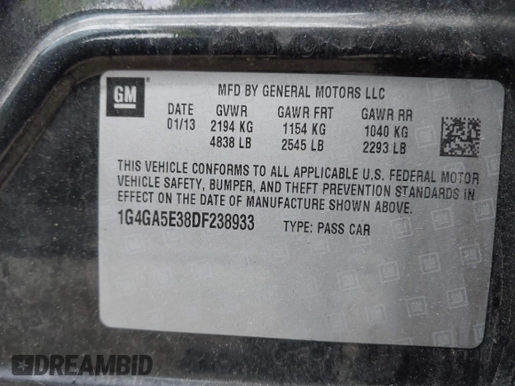 2013 Buick LaCrosse with VIN 1G4GA5E38DF238933, listed as a IAAI auction lot 42187349 with 103,896 mi miles and . Bid and sale history available at DreamBid. Image 9.