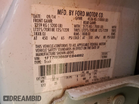 2015 Ford F-350 Platinum with VIN 1FT7W3B65FEB44882, listed as a Copart auction lot 52572825 with 307,996 mi miles and Clean Title. Bid and sale history available at DreamBid. Image 12.