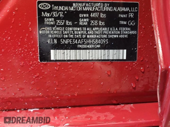 2017 Hyundai Sonata Sport with VIN 5NPE34AF5HH584093, listed as a Copart auction lot 48558775 with 54,950 mi miles and Salvage Title. Bid and sale history available at carsss.com. Image 12.