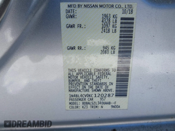 2019 Nissan Altima 2.5 SR with VIN 1N4BL4CV0KC120287, listed as a IAAI auction lot 41580295 with 103,339 mi miles. Bid and sale history available at carsss.com. Image 9.