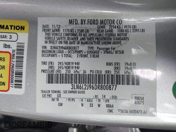 2013 Lincoln MKZ with VIN 3LN6L2J96DR800877, listed as a IAAI auction lot 41256557 with 125,584 mi miles. Bid and sale history available at carsss.com. Image 9.