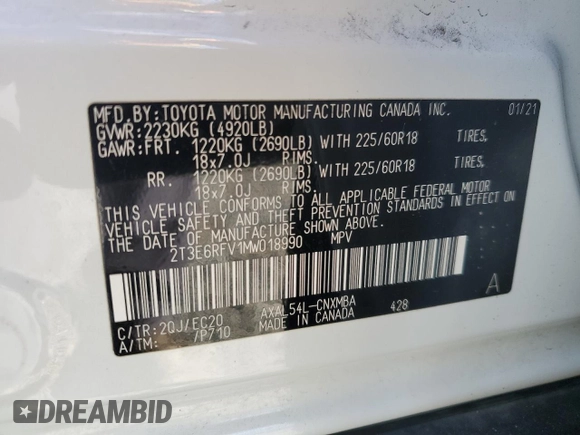 2021 Toyota RAV4 Hybrid XSE with VIN 2T3E6RFV1MW018990, listed as a Copart auction lot 64043865 with 55,938 mi miles and Salvage title. Bid and sale history available at DreamBid. Image 14.