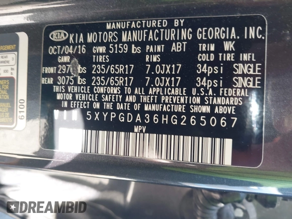 2017 Kia Sorento LX with VIN 5XYPGDA36HG265067, listed as a IAAI auction lot 42438925 with 112,236 mi miles and . Bid and sale history available at DreamBid. Image 9.