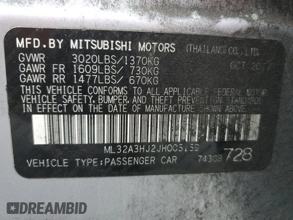 2018 Mitsubishi Mirage ES с VIN ML32A3HJ2JH005159, выставлен на аукционе Copart как лот 59255925 с пробегом 94 114 миль миль и Списание • Salvage title. История ставок и продаж доступна на DreamBid. Изображение 12.
