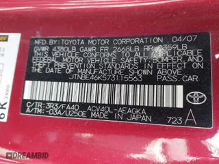 2007 Toyota Camry CE with VIN JTNBE46K573115563, listed as a IAAI auction lot 41971937 with 132,427 mi miles. Bid and sale history available at carsss.com. Image 9.
