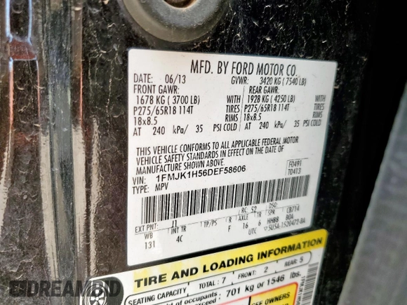 2013 Ford Expedition Max XLT with VIN 1FMJK1H56DEF58606, listed as a Copart auction lot 60401015 with 219,907 mi miles and Salvage title. Bid and sale history available at DreamBid. Image 13.