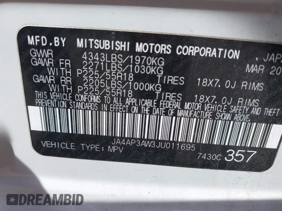 2018 Mitsubishi Outlander SE z VIN JA4AP3AW3JU011695, wystawiony jako IAAI lot #42144112 z przebiegiem 69 228 mil mil oraz . Historia ofert i sprzedaży dostępna na DreamBid. Obrazek 9.