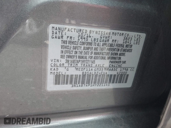 2017 Nissan Sentra SR with VIN 3N1AB7AP1HY221145, listed as a IAAI auction lot 42695925 with 76,514 mi miles and . Bid and sale history available at DreamBid. Image 9.