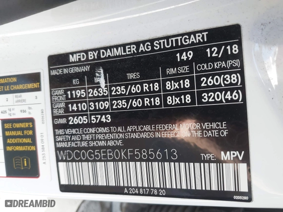 2019 Mercedes-Benz GLC with VIN WDC0G5EB0KF585613, listed as a IAAI auction lot 41892618 with 42,777 mi miles. Bid and sale history available at carsss.com. Image 9.
