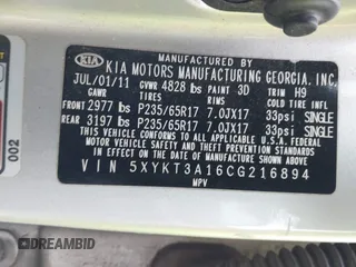 2012 Kia Sorento LX with VIN 5XYKT3A16CG216894, listed as a IAAI auction lot 41356578 with 1 mi miles. Bid and sale history available at carsss.com. Image 9.