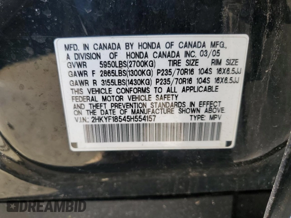 2005 Honda Pilot EX-L with VIN 2HKYF18545H554157, listed as a Copart auction lot 49722105 with 0 mi miles and Salvage Title. Bid and sale history available at carsss.com. Image 14.