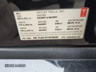 2017 Tesla Model S 100D z VIN 5YJSA1E27HF208282, wystawiony jako IAAI lot #41362736 z przebiegiem 173 162 mil mil oraz . Historia ofert i sprzedaży dostępna na DreamBid. Obrazek 9.