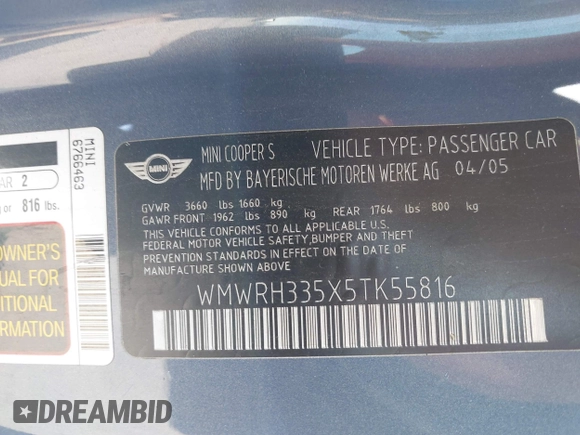 2005 MINI Convertible S with VIN WMWRH335X5TK55816, listed as a IAAI auction lot 42058070 with 105,208 mi miles and . Bid and sale history available at DreamBid. Image 9.